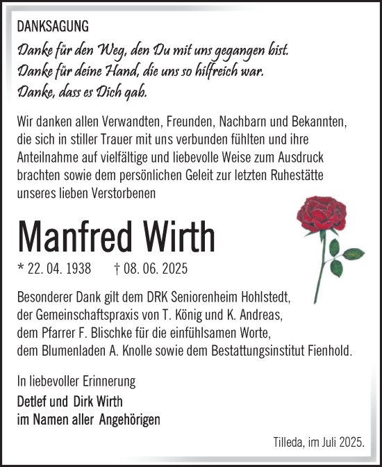 Traueranzeige von Manfred Wirth von Trauerkombi Sangerhausen