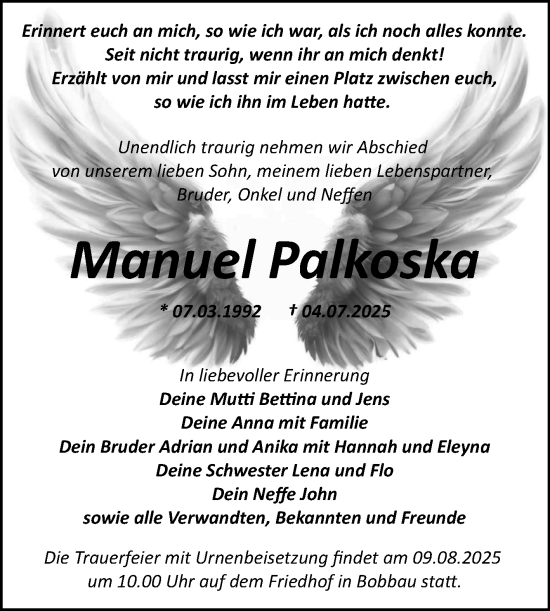Traueranzeige von Manuel Palkoska von Trauerkombi Köthen