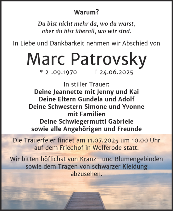 Traueranzeige von Marc Patrovsky von Trauerkombi Mansfelder Land