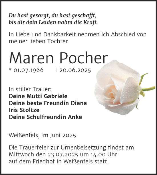 Traueranzeige von Maren Pocher von Trauerkombi Weißenfels