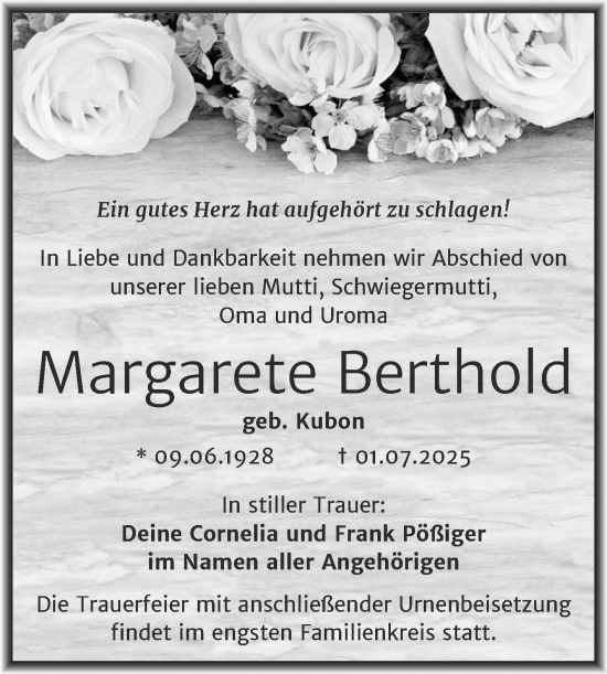 Traueranzeige von Margarete Berthold von Mitteldeutsche Zeitung Halle/Saalkreis