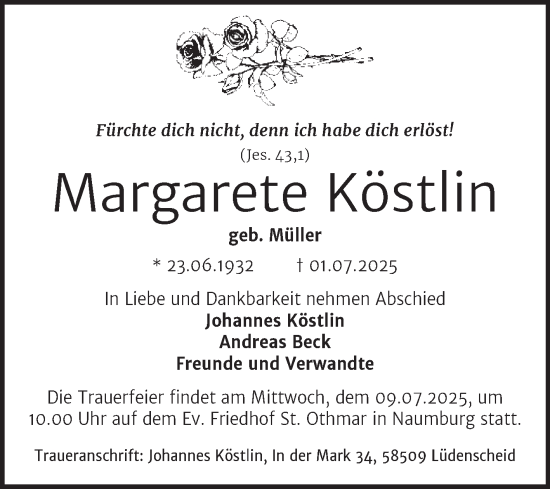 Traueranzeige von Margarete Köstlin von Naumburger Tageblatt