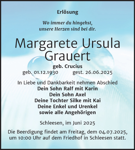 Traueranzeige von Margarete Ursula Grauert 