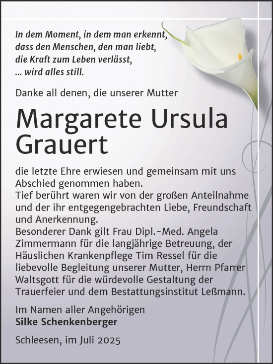 Traueranzeige von Margarete Ursula Grauert von Trauerkombi Wittenberg