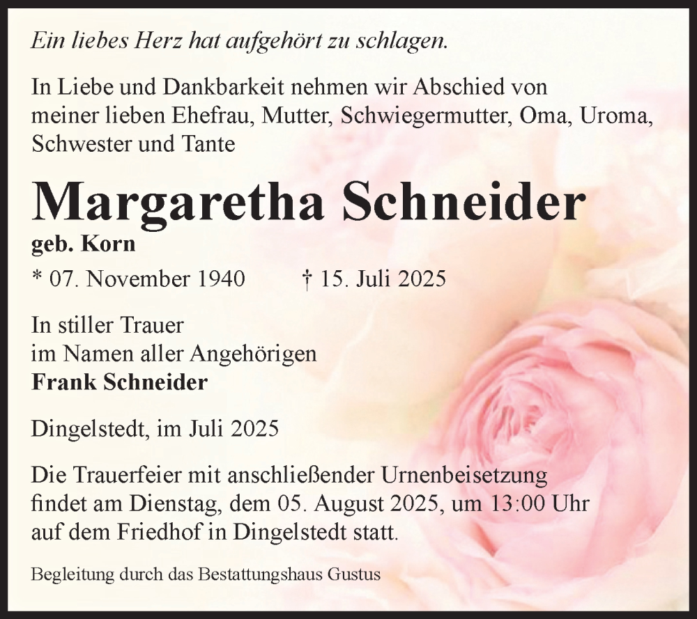  Traueranzeige für Margaretha Schneider vom 19.07.2025 aus Volksstimme Halberstadt