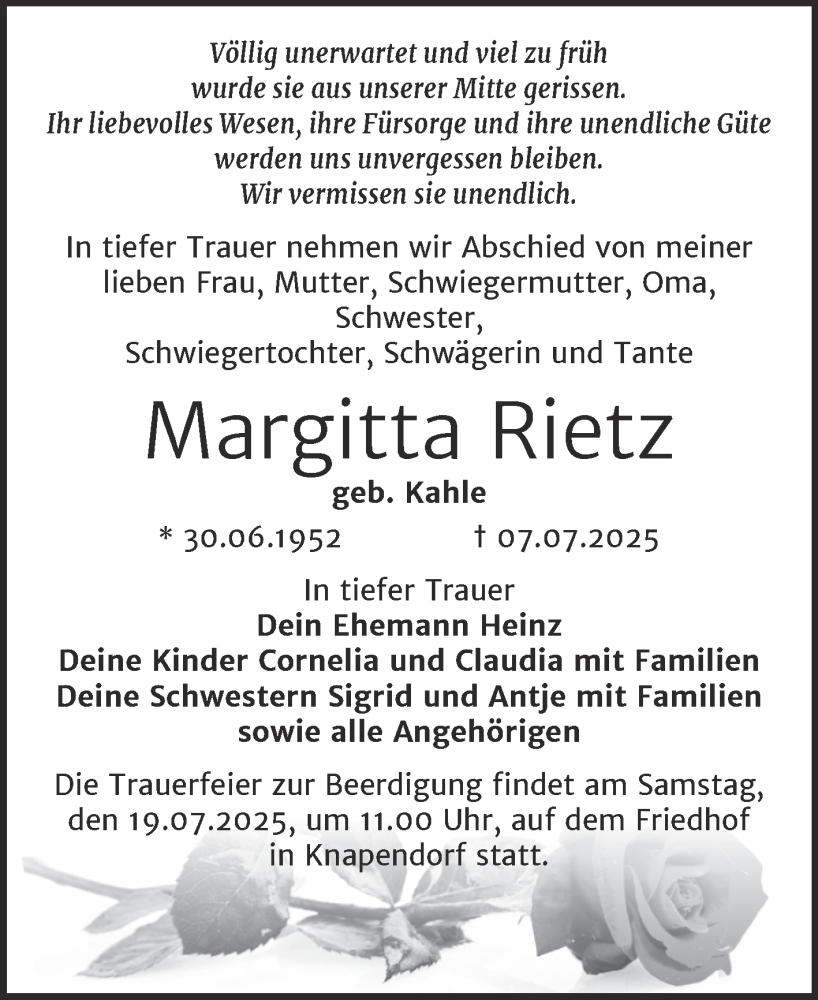  Traueranzeige für Margitta Rietz vom 12.07.2025 aus Mitteldeutsche Zeitung Merseburg/Querfurt