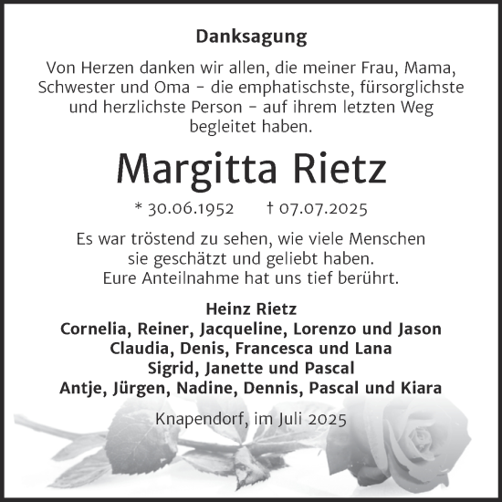 Traueranzeige von Margitta Rietz von Trauerkombi Merseburg
