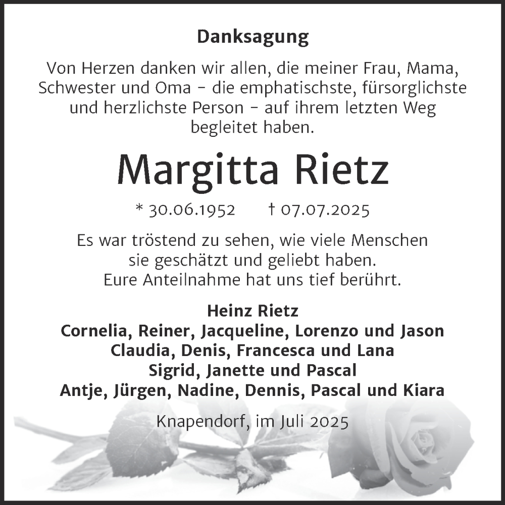  Traueranzeige für Margitta Rietz vom 26.07.2025 aus Trauerkombi Merseburg