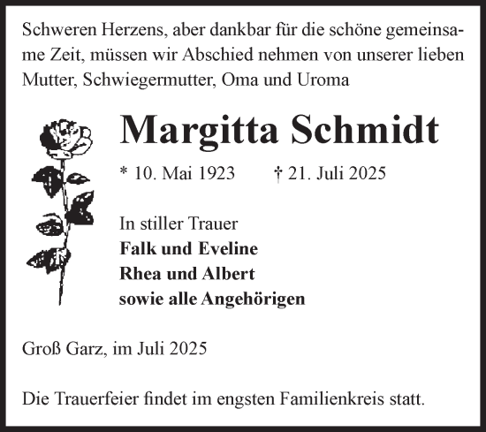 Traueranzeige von Margitta Schmidt von Volksstimme Altmark Ost