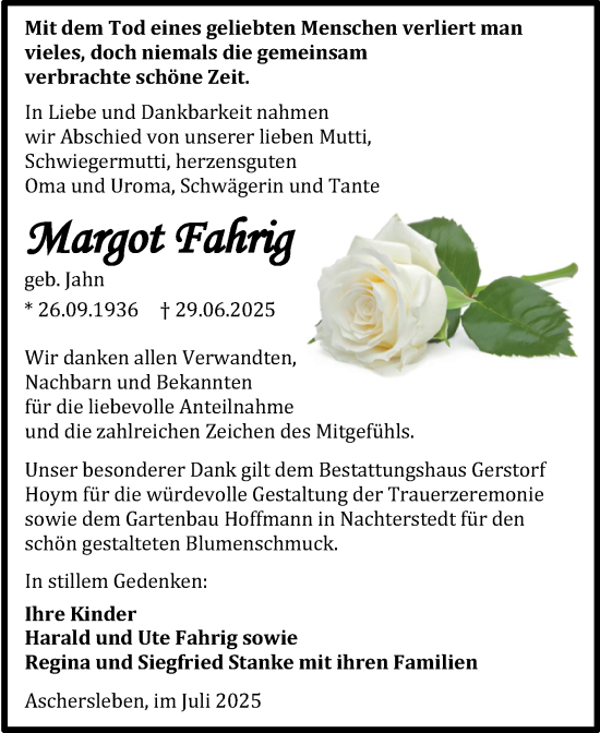 Traueranzeige von Margot Fahrig von Trauerkombi Aschersleben