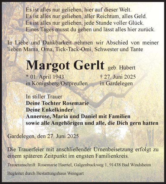 Traueranzeige von Margot Gerlt von Volksstimme Altmark West