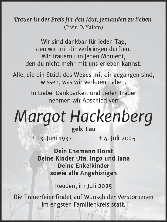 Traueranzeige von Margot Hackenberg von Trauerkombi Zeitz