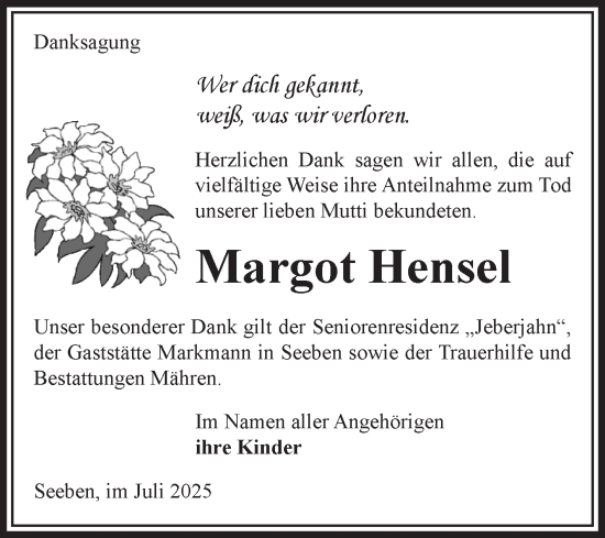 Traueranzeige von Margot Hensel von Volksstimme Altmark West