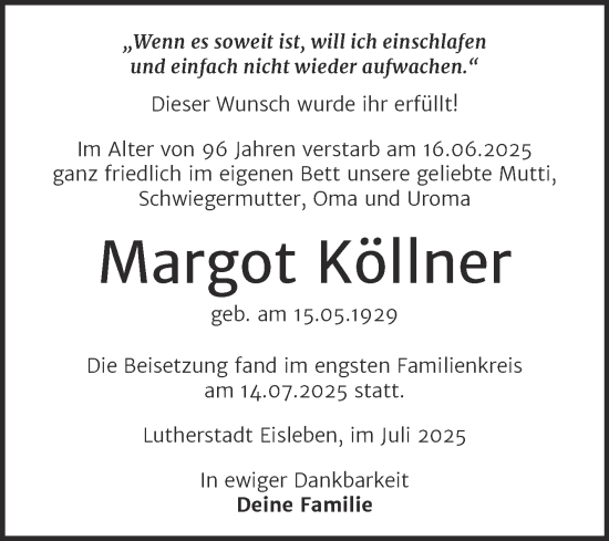 Traueranzeige von Margot Köllner von Trauerkombi Mansfelder Land