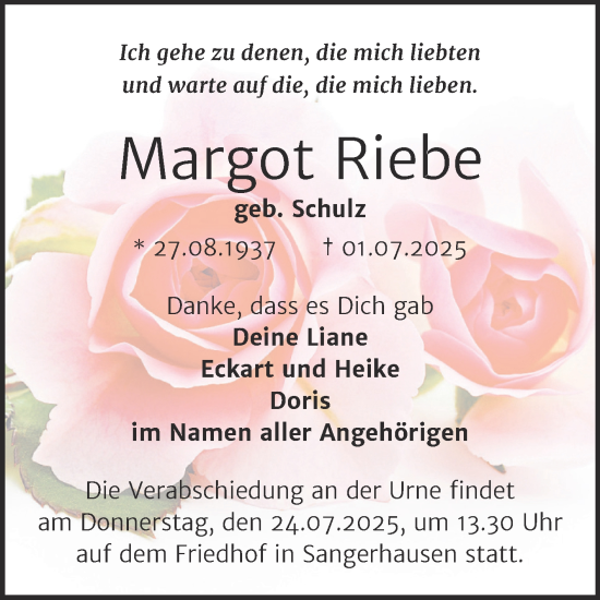 Traueranzeige von Margot Riebe von Trauerkombi Sangerhausen