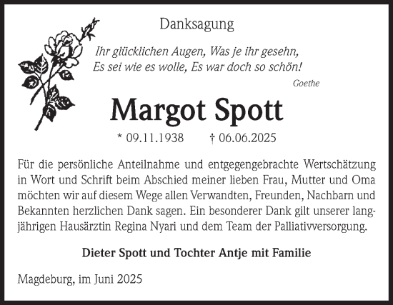 Traueranzeige von Margot Spott von Volksstimme Magdeburg