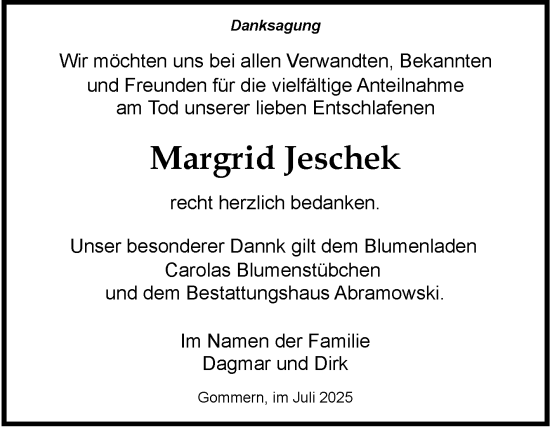 Traueranzeige von Margrid Jeschek von Volksstimme Burg/Genthin