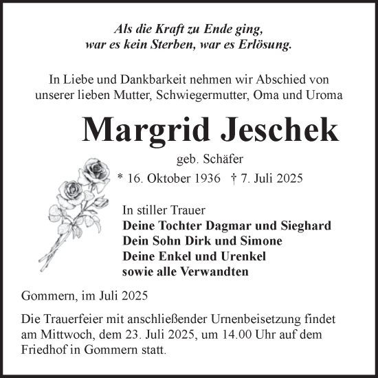 Traueranzeige von Margrid Jeschek von Volksstimme Burg/Genthin