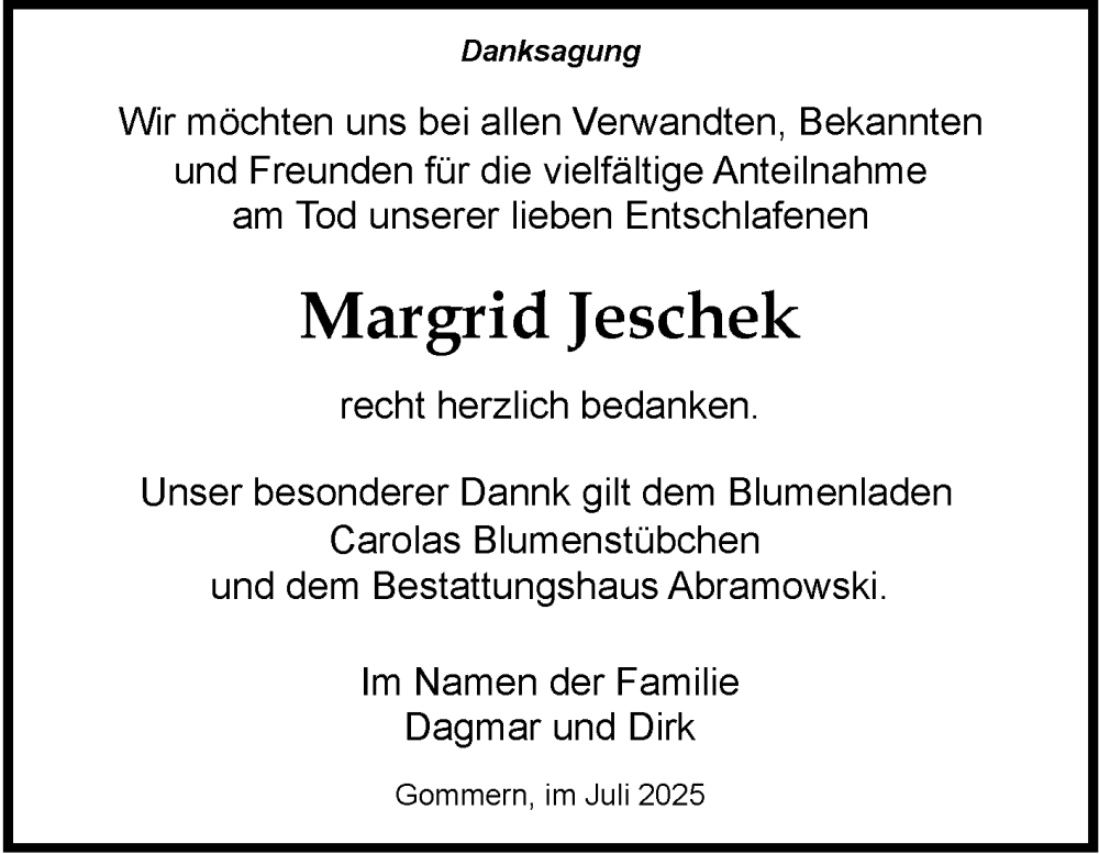  Traueranzeige für Margrid Jeschek vom 26.07.2025 aus Volksstimme Burg/Genthin
