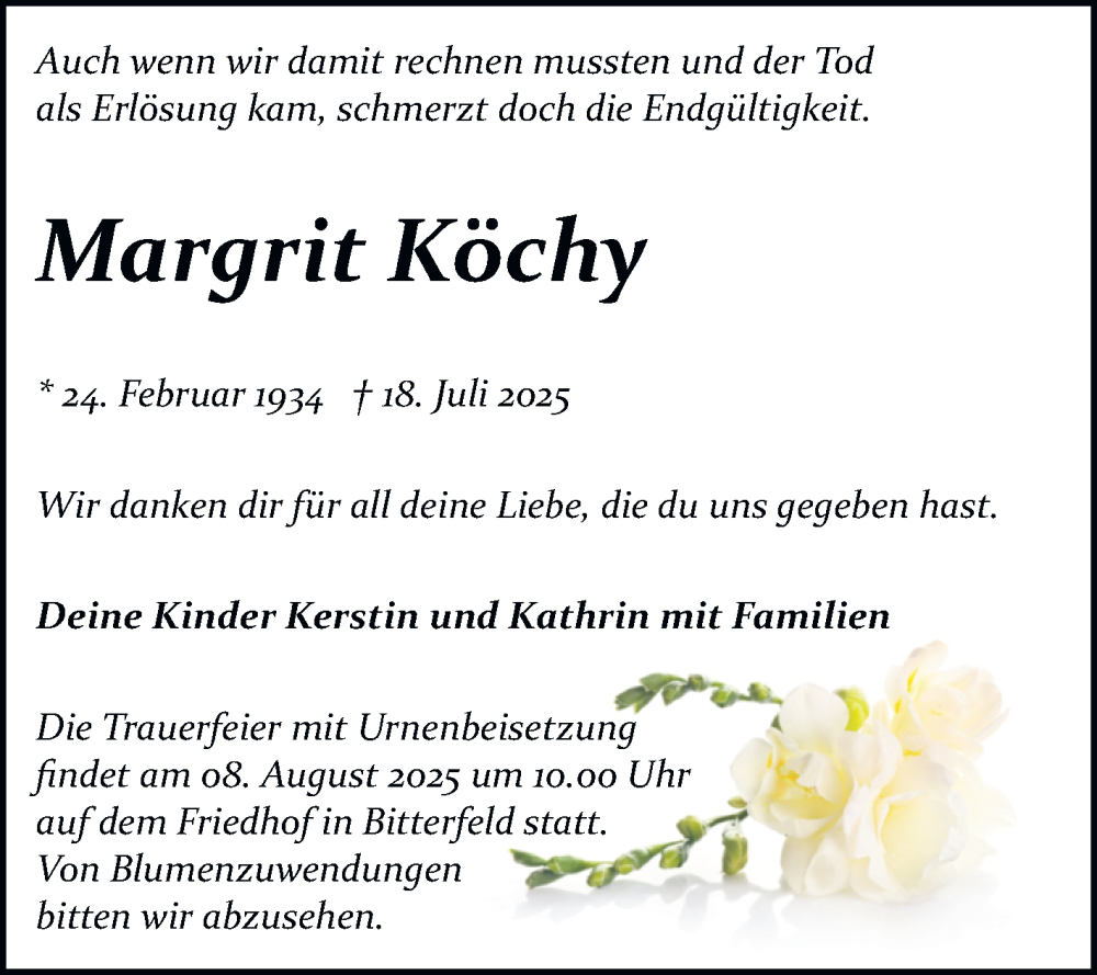  Traueranzeige für Margrit Köchy vom 26.07.2025 aus Trauerkombi Bitterfeld
