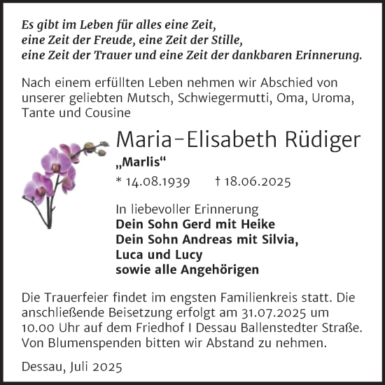 Traueranzeige von Maria-Elisabeth Rüdiger von Trauerkombi Dessau