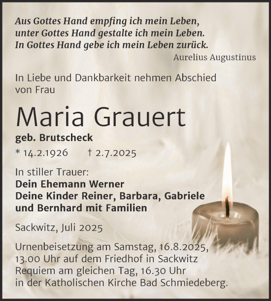 Traueranzeige von Maria Grauert von Trauerkombi Wittenberg