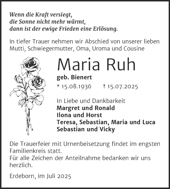 Traueranzeige von Maria Ruh von Trauerkombi Mansfelder Land