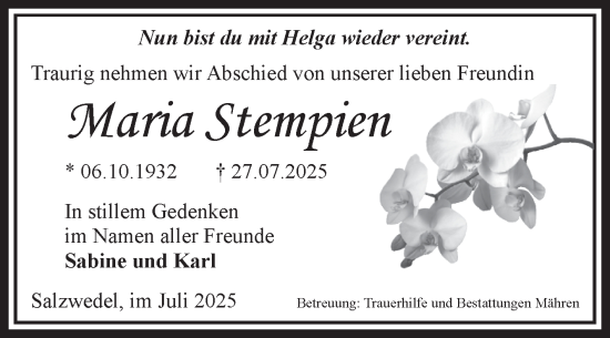 Traueranzeige von Maria Stempien von Volksstimme Altmark West