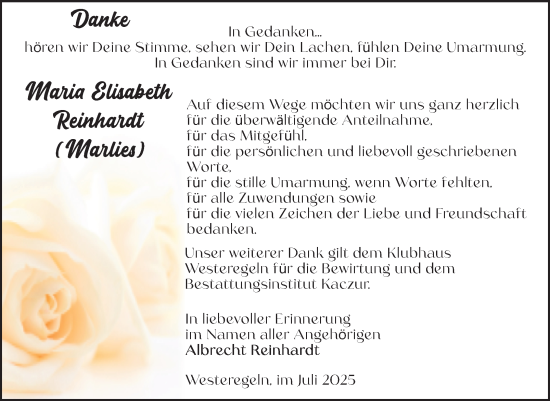 Traueranzeige von Maria Elisabeth Reinhardt von Volksstimme Staßfurt