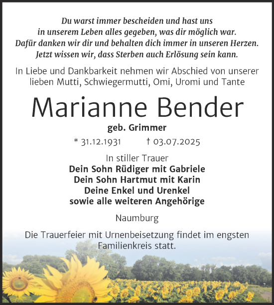 Traueranzeige von Marianne Bender von Super Sonntag Naumburg/Nebra