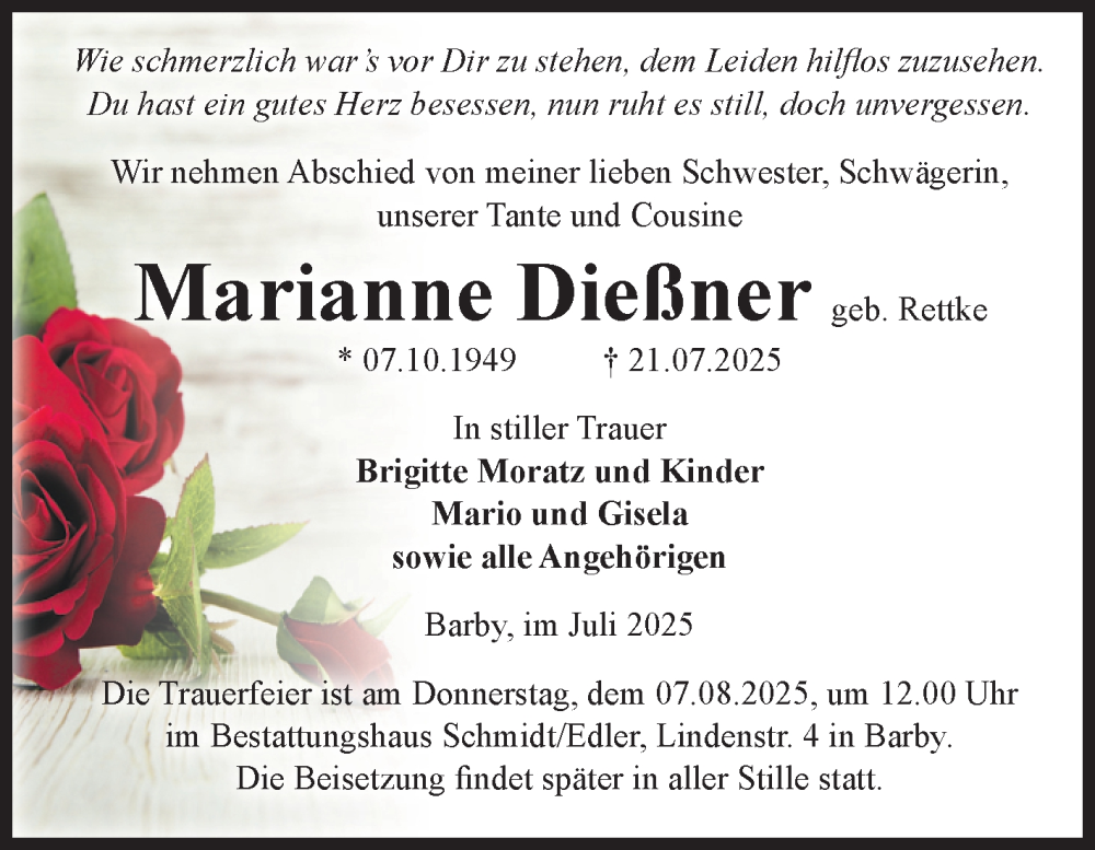  Traueranzeige für Marianne Dießner vom 26.07.2025 aus Volksstimme Schönebeck