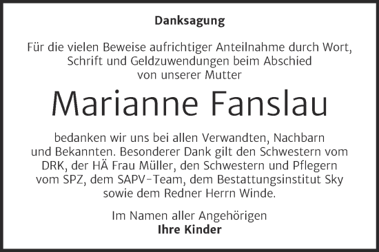 Traueranzeige von Marianne Fanslau von Trauerkombi Wittenberg