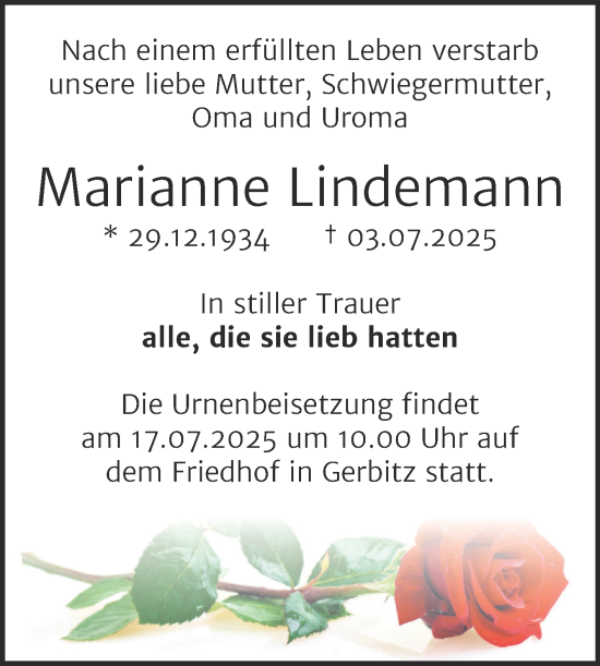 Traueranzeige von Marianne Lindemann von Trauerkombi Bernburg