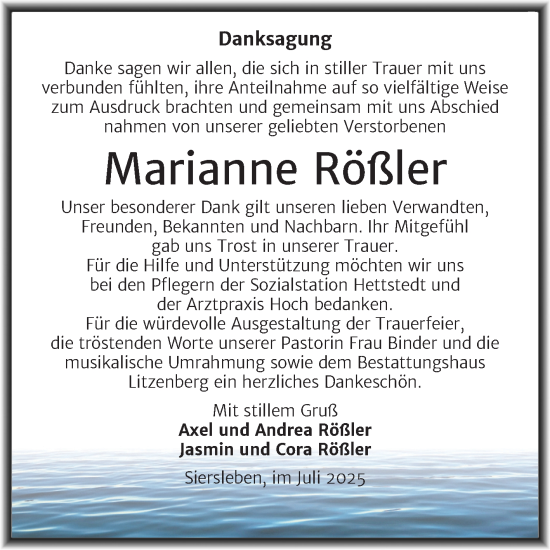Traueranzeige von Marianne Rößler von Trauerkombi Mansfelder Land