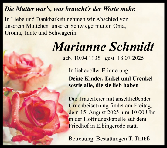 Traueranzeige von Marianne Schmidt von Volksstimme Wernigerode
