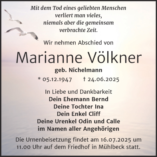 Traueranzeige von Marianne Völkner von Trauerkombi Bitterfeld