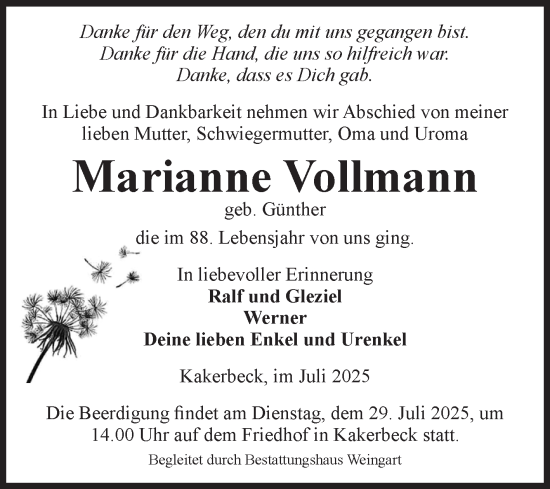Traueranzeige von Marianne Vollmann von Volksstimme Altmark West