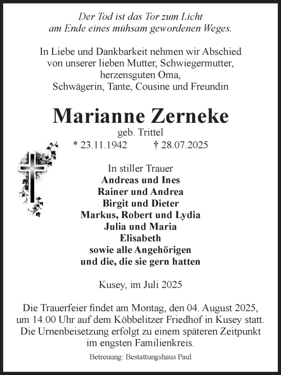 Traueranzeige von Marianne Zerneke von Volksstimme Altmark West