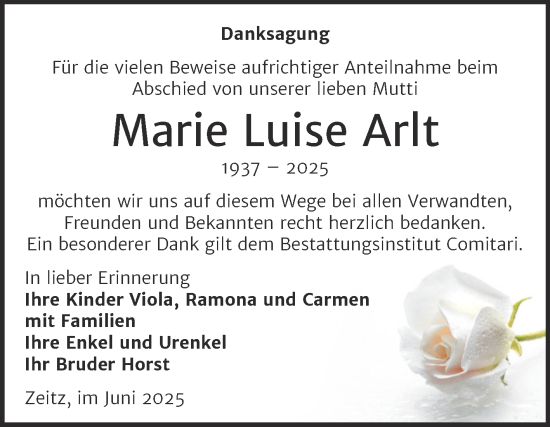 Traueranzeige von Marie Luise Arlt von Trauerkombi Zeitz