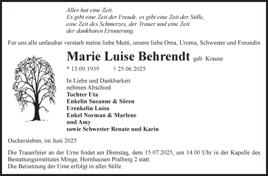 Traueranzeige von Marie Luise Behrendt von Volksstimme Oschersleben/Wanzleben