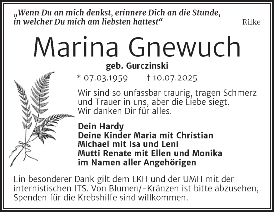 Traueranzeige von Marina Gnewuch von Mitteldeutsche Zeitung Halle/Saalkreis