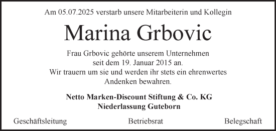 Traueranzeige von Marina Grbovic von Mitteldeutsche Zeitung Merseburg/Querfurt