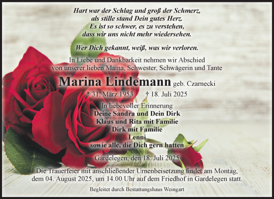 Traueranzeige von Marina Lindemann von Volksstimme Altmark West
