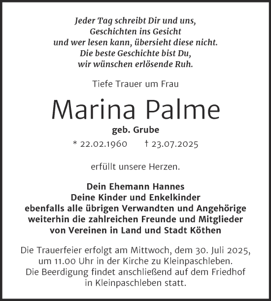 Traueranzeige von Marina Palme von Mitteldeutsche Zeitung Köthen
