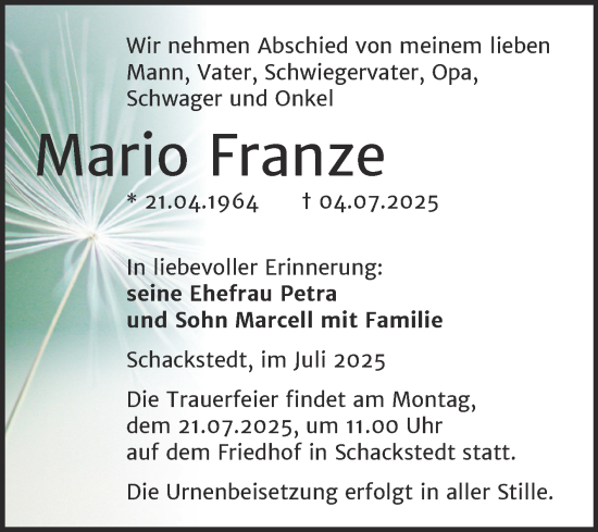 Traueranzeige von Mario Franze von Trauerkombi Aschersleben