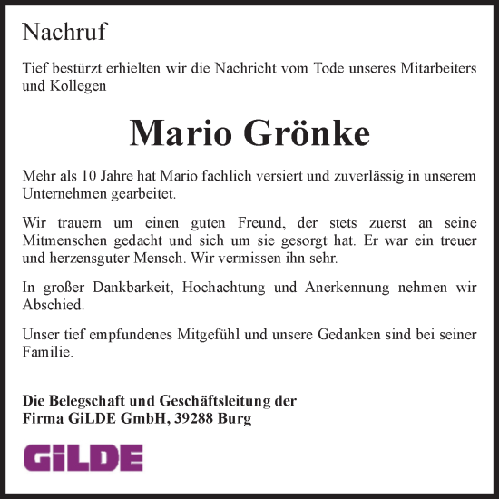 Traueranzeige von Mario Grönke von Volksstimme Burg/Genthin