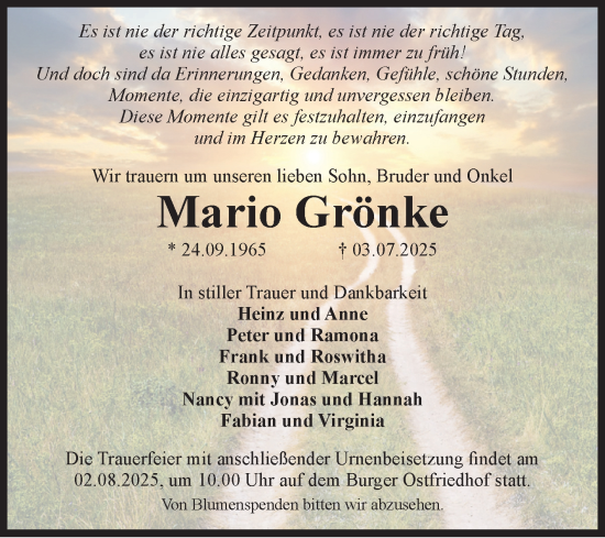 Traueranzeige von Mario Grönke von Volksstimme Burg/Genthin