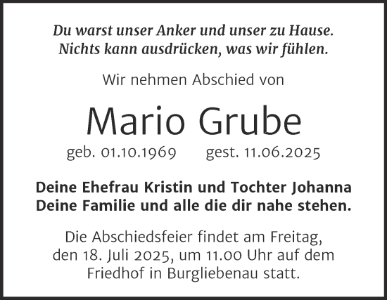 Traueranzeige von Mario Grube von Super Sonntag Merseburg/Querfurt
