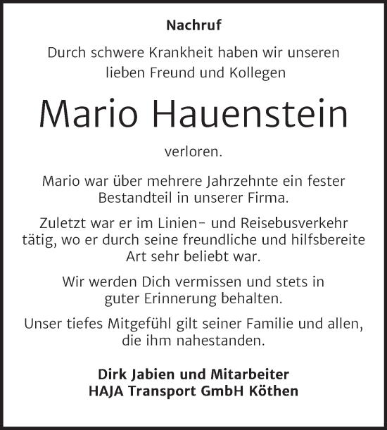 Traueranzeige von Mario Hauenstein von Super Sonntag Köthen