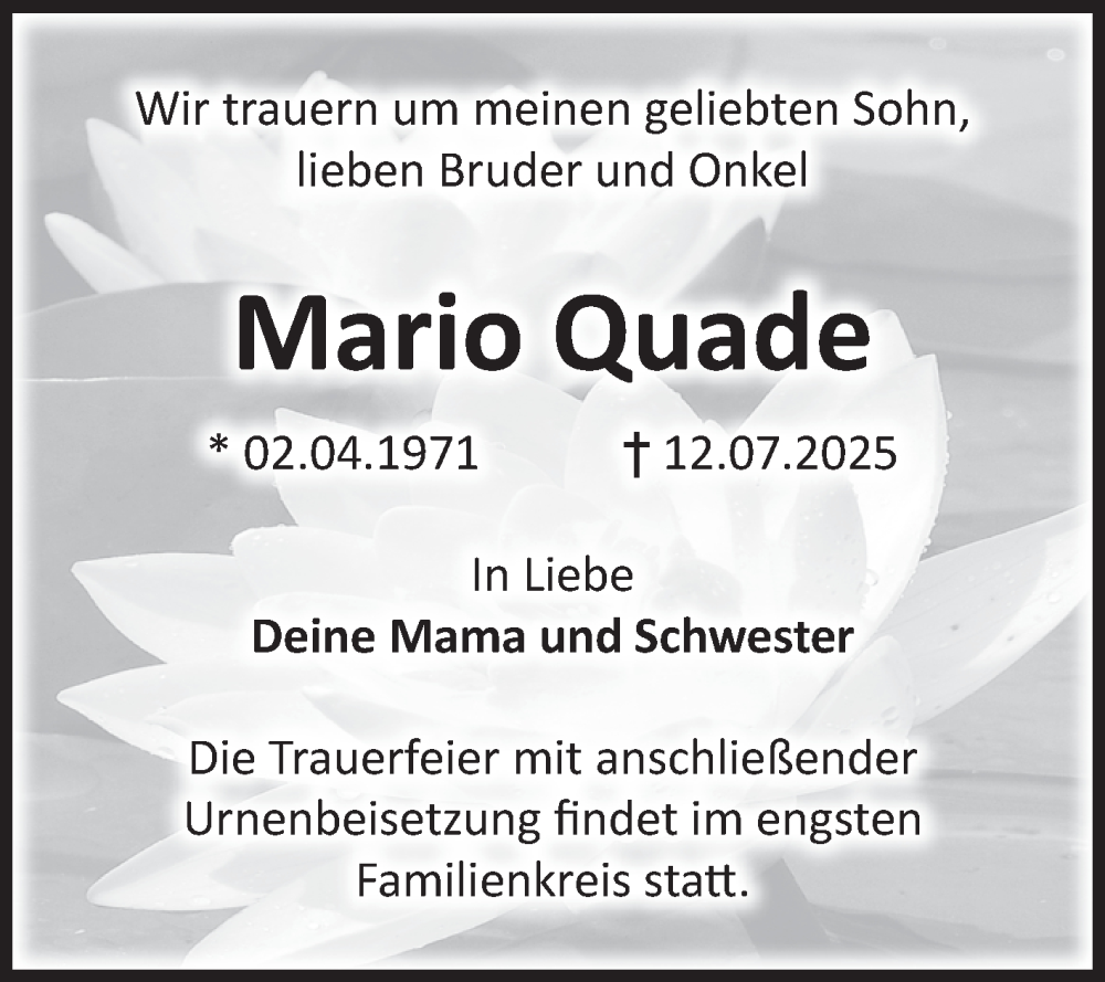  Traueranzeige für Mario Quade vom 19.07.2025 aus Volksstimme Burg/Genthin